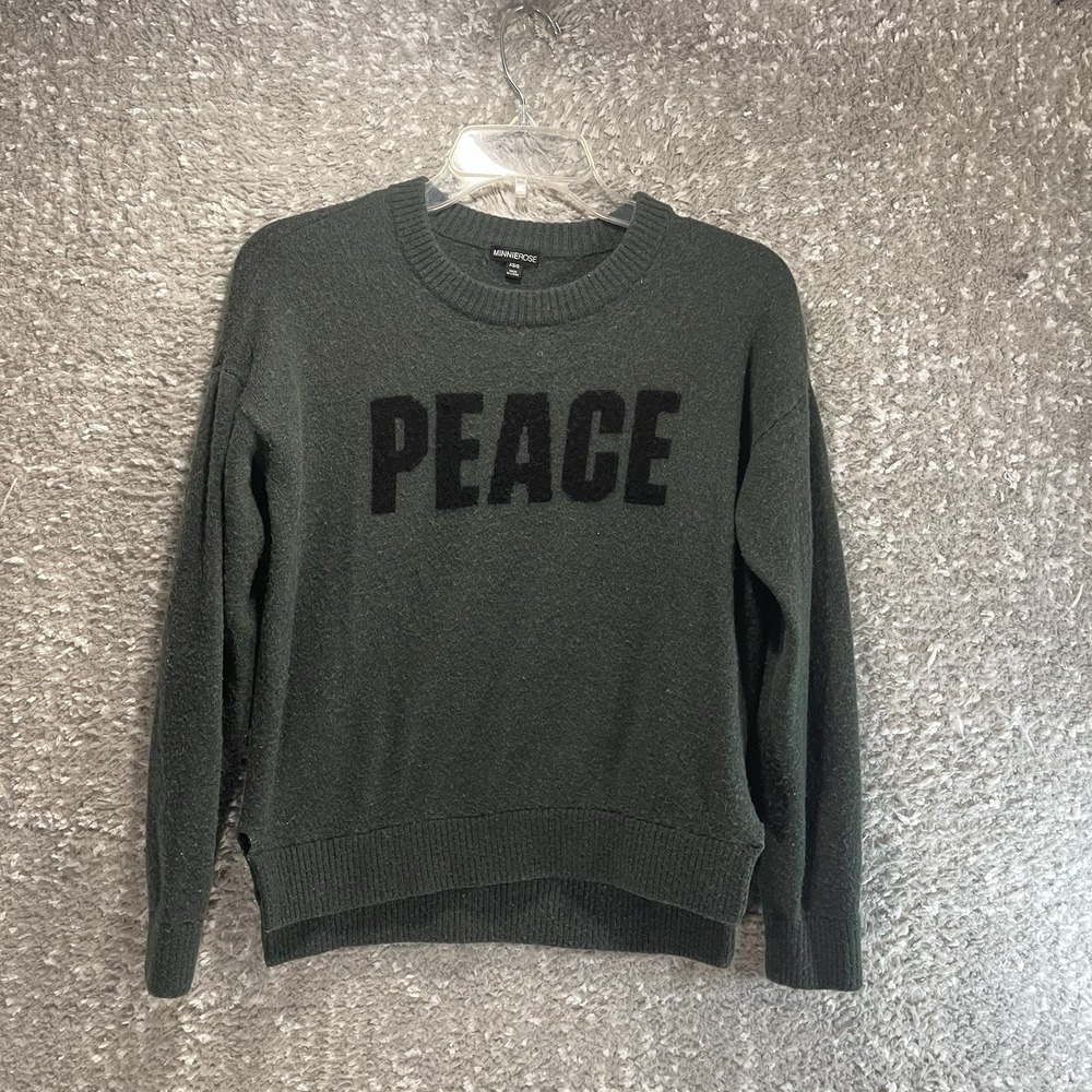 MINNIE ROSE Cashmere Sweater XS, S Green Preppy Academia "PEACE"